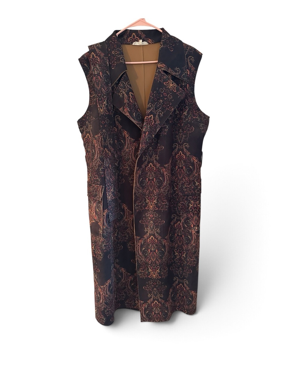 Solitaire Womens XL Paisley Longline Duster Vest Sleeveless Trench Coat Belted